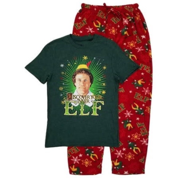 Elf Mens 2-Piece Dark Green & Red Christmas Holiday Pajama Set Medium - Picture 3 of 6